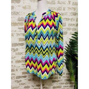 Macbeth Collection Chevron Popover Blouse Multicolor Boho Retro XS Long Sleeve